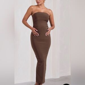 Maternity Brown Strapless Bodycon Ruched Mesh Midi Dress size 12